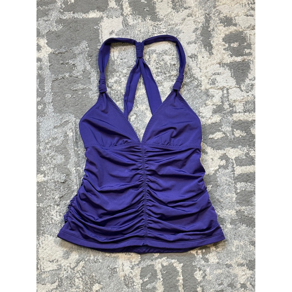 Athleta Swim Tankini Top Ruched Halter XS Purple V-Neck Tie Back Summer Beach